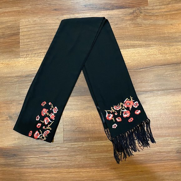 White House Black Market Accessories - White House Black Market Black Scarf w Floral Detailing and Fringed Ends